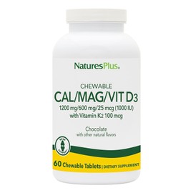 NaturesPlus Cal/Mag/VIT D3 con vitamina K2-60 tabletas masticables – Sabor a chocolate – Calcio, magnesio, vitamina D3 y K2 Suplemento de apoyo para la salud ósea – 30 porciones