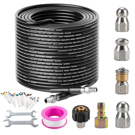 Sewer Jetter Kit for Pressure Washer 100FT，Drain Cleaner Hose 1/4 Inch NPT Corner, Rotating and Button Nose Sewer Jetting Nozzle Kit Waterproof Tape Pearl Corsage Pin and Spanners，5800PSI