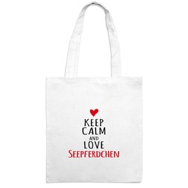 Jutebeutel mit Namen Seepferdchen - Motiv Keep Calm - Farbe weiß – Stoffbeutel, Jutesack, Hipster, Beutel