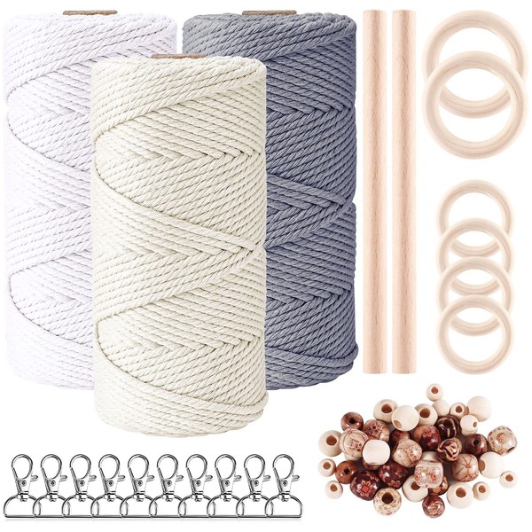 Qetlavee Pack of 3 Macrame Yarn, Cotton Macrame Yarn, Colourful Gradient for DIY Boho Decorative Crafts with 10 Key Chains, 40 Wooden Beads, 6 Wooden Rings, 2 Round Bars (3 mm x 60 m, White, Beige,