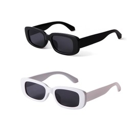 JUDOO Rectangle Sunglasses for Women Vintage Trendy Narrow Square Frame Retro Eyewear with UV400 Protection (Black+White)