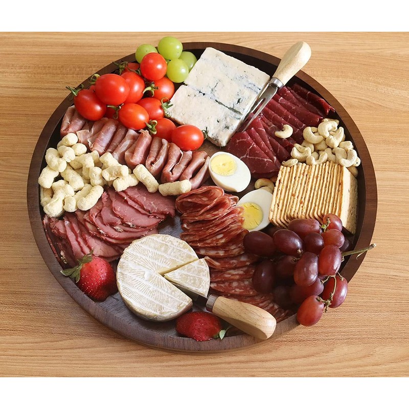 Acacia Wood Round Serving Tray, 13.8" Charcuterie Board with Rim,