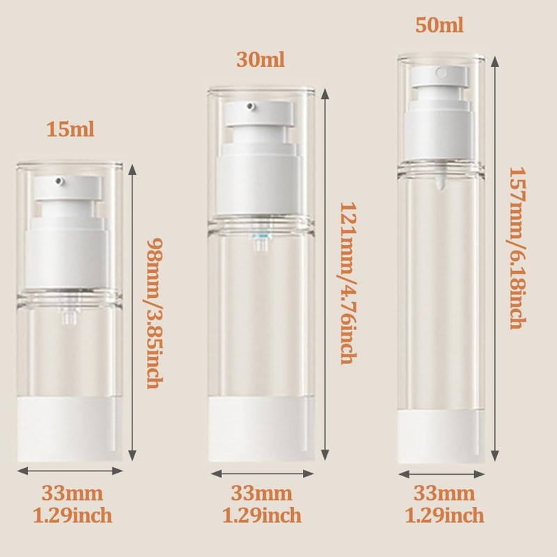 3Pcs Transparent Airless Pump Bottles Refillable Empty Clear Travel Lotion