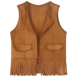 Spring&Gege Kids Suede Fringe Vest 70s Cowgirl Cowboy Western Faux Tassels Jacket Cardigan, Brown, Size 13-14 Years