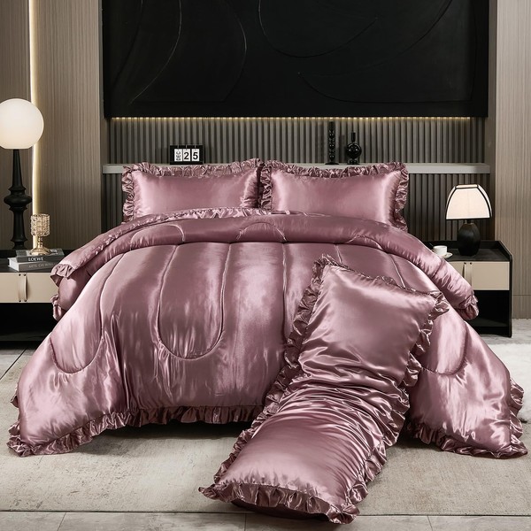 Blush Pink Queen Comforter Set Silk Like Satin Bedding Set
