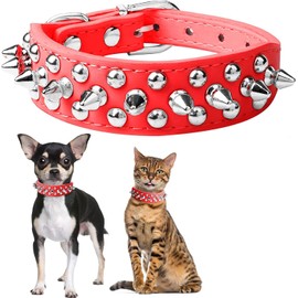 Pimaodog Spiked Studded Dog Collar, Adjustable Soft Leather Puppy Collar for Small Medium Dogs Bulldog Pitbull Mastiff Poodle Boxer (XS, Red-2)