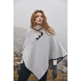 SAOL Ladies Herringbone Poncho Sweater Soft Wool Blend (Large - X-Large, Herringbone Grey)