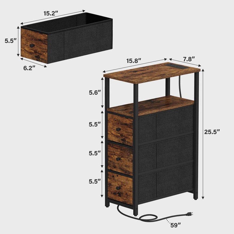 TUTOTAK Narrow Night Stand with Charging Station, Slim End Table