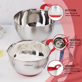 Hillbond Mixing Bowls with BPA Free Airtight Lids Nesting Bowls with Pour Spout, Silicone Handle and Non-Slip Bottoms for Baking, Stainless Steel Mixing Bowls Dishwasher Safe, 1.5, 3, 5 QT (Red)