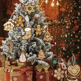 24 piezas de adornos rústicos para árbol de Navidad de madera, decoración de casa de Navidad, estrella de pan de jengibre, copo de nieve, corazón,