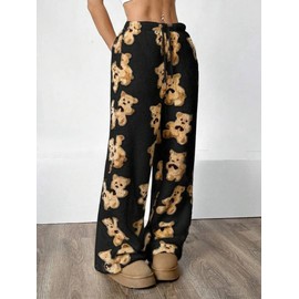 ZAFUL Women's Fuzzy Plush Pajama Pants Drawstring Elastic Waist Wide Leg Teddy Pj Bottoms Lounge Pants Black Bear S