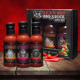 Tony Pigg's Kick'n Hot BBQ Sauce Gift Set (3pk)- Fresno Reaper, Ghost, Creeper Pepper)- Hand Crafted Barbecue Sauces w Fresh Pepper Heat- Great for Ribs & Chicken Wings- Grilling Gift for Men