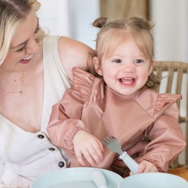 Tiny Twinkle Mess Proof Baby Bib, Cute Full Sleeve Bib Outfit, Waterproof Bibs for Toddlers, Machine Washable, Tug Proof, Baby Smock for Eating, Long Sleeved (Taupe, Small 6-24 Months)