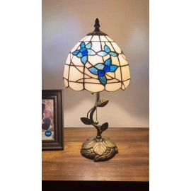 EMJOY DECOR LAMPS Tiffany Style Table Lamp White Stained Glass Blue Flowers LED Bulb 8"W*8"D*16"H