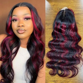 DSEKCAIN Red And Black Colored Wigs Human Hair Body Wave HD Transparent Big Lace Size 13x6 Lace Frontal Colored Lace Front Wigs Human Hair Colorful Highlight Skunk Stripe 24 Inch Wig For Women