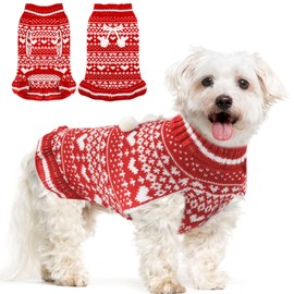 XGDMEIL Dog Christmas Sweater Dress with Leash Hole Turtleneck Red Xmas Girl Dog Christmas Outfits Soft Pet Clothes for Small Medium Dogs Cats Warm Fall Winter Puppy Heart Knitted Pullover(L)