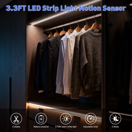 LUXJET 2 Pack Warm White Motion Sensor LED Strip Lights with Rechargeable 3.28ft, LED Closet Light Gun Safe Lights Motion Activated, Stair Lights Indoor