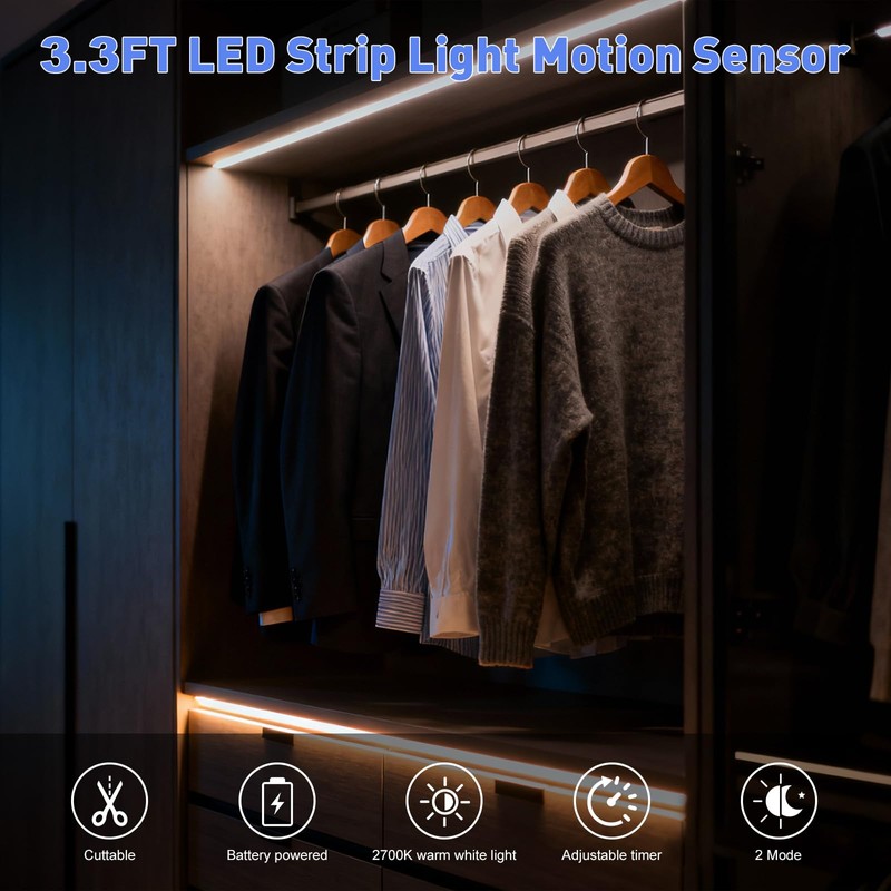 LUXJET 2 Pack Warm White Motion Sensor LED Strip Lights