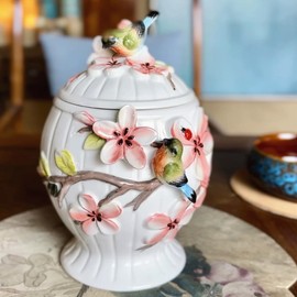 FORLONG Ceramic Food Storage Containers with Lids, 3D Hand-painted Magnolia Flower and Bird for Home Kitchen Countertop Decorative Collection Jars