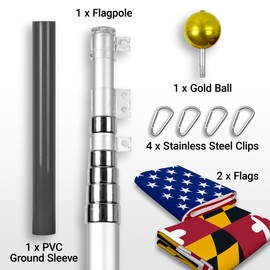 G128 Combo Pack: 25 Ft Telescoping Aluminum Flagpole (Silver) & American and Maryland Flags 3x5 Ft, Both ToughWeave Series Embroidered Polyester | Pole with Flags Included