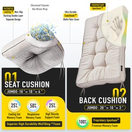 SUNROX Memory Foam Jumbo Rocking Chair Cushions, FadeShield Water Resistant Non Slip Durable Tufted Pads, Set of Seat & Back Cushion with Ties for Indoor/Outdoor Rocker, 2 Piece, Husk Birch