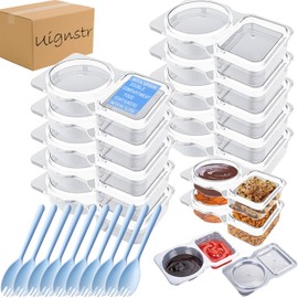 Dual Compartment Reusable Snack Containers with Lids - 90ml/60ml Leak-Proof Food-Grade Containers for On-the-Go Snacks,Pets Snacks, Condiments, Fruit, Stackable & Microwave-Safe, With Spoon (10)