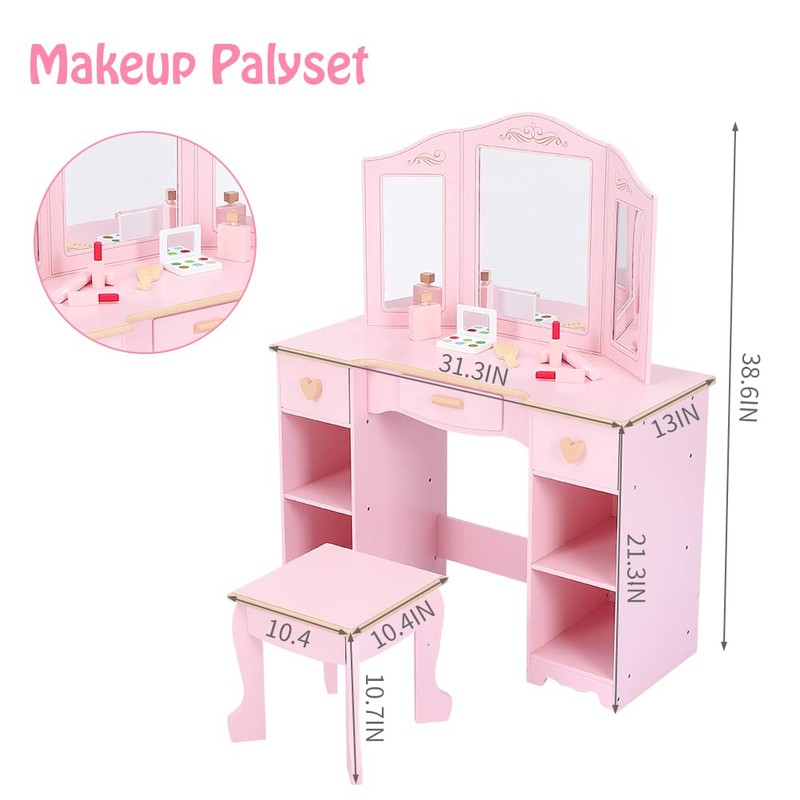 Kids Vanity with Tri-Fold Mirror, Little Girls Vanity Table &