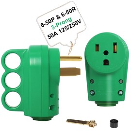 50 Amp Female 6-50P Plug & 6-50R Receptacle Set for RV, EV Charger, Welder Machine, (Green) 3 Prong 125/250V Heavy-Duty Electrical Connector , ETL Listed