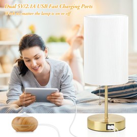2 Sets Table Lamps with 2 USB, Minimalist Beside Lamps for Bedroom, Nightstand Lamps with Pull Chain, Desk Lamps with White Pleated Lamp Shade and Gold Metal Base for Living Room Dorm Reading Hotel