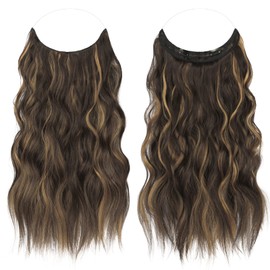 FESHFEN Secrets Hair Extensions Lange Gewellt Haarverlängerung Invisible Secret Haarextension Synthetik Haare Unsichtbarem Haarteile für Frauen Schokoladenbraun hervorgehoben Karamellblond 40 cm