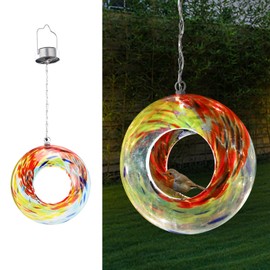 VCUTEKA Bird Feeder Solar Fly Through Bird Feeders for Outside Hanging with Round Shape Glass Container to Attract Wild Birds for Garden Decor, Solar Bird Feeder as Gift for Bird Lovers, Red 8-Inch