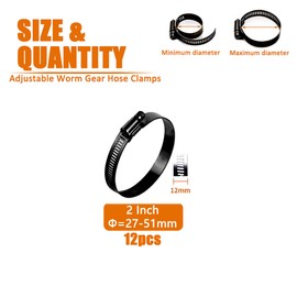 ISPINNER - Abrazadera de manguera de engranaje helicoidal ajustable de acero inoxidable de 2 pulgadas, rango de tamaño de 27-51 mm, abrazadera de línea de combustible para fontanería, aplicación automotriz y mecánica (negro)