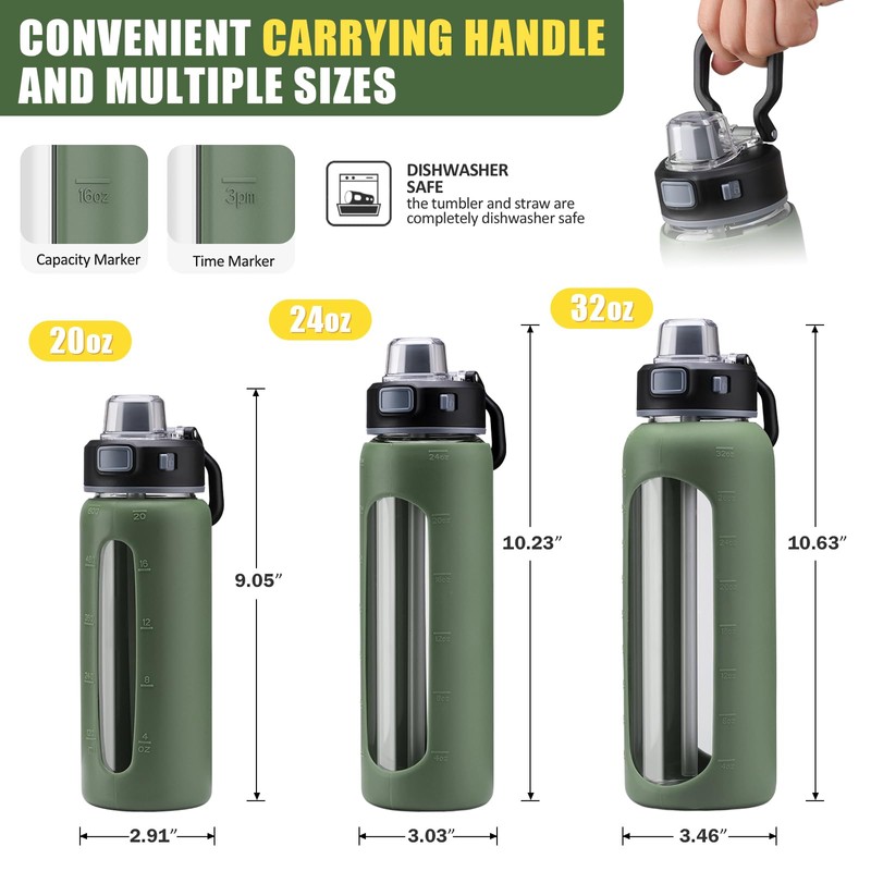 Kodrine 24oz Glass Water Bottle With Straw and 2 Lids,