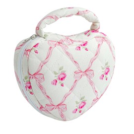 JOVAKIT Quilted Heart Shaped Makeup Bag Cosmetic Bag for Women with Handle, Floral Coquette Cotton Travel Makeup Case Toiletry Zipper Make Up Pouch, Travel Storage Organizer Stuff (Pink Bowknot)