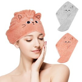 Tatuo Pack of 2 Microfibre Hair Towel Wraps Absorbent Hair Towel Quick-Drying Hair Turban Anti Frizz Hair Towel Hair Drying Towel for Women (Dark Pink, Blue Grey, Cat)