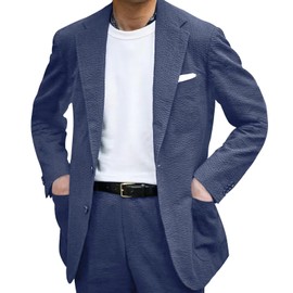 2 Piece Men Suits Seersucker Tuxedos Set Summer Sport Coat Tuxedo Suit Seersuckers Blazer Pants for Mens Wedding Suits Beach Party Navy Blue M