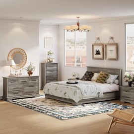 Farmhouse 7 Drawers Dresser for Bedroom, 54" Wide Chest of Drawers with Smooth Gliding Drawers, Water Gray Wood Dresser, Sturdy Storage Dressers Organizer with Metal Handles, for Home Office, Nursery