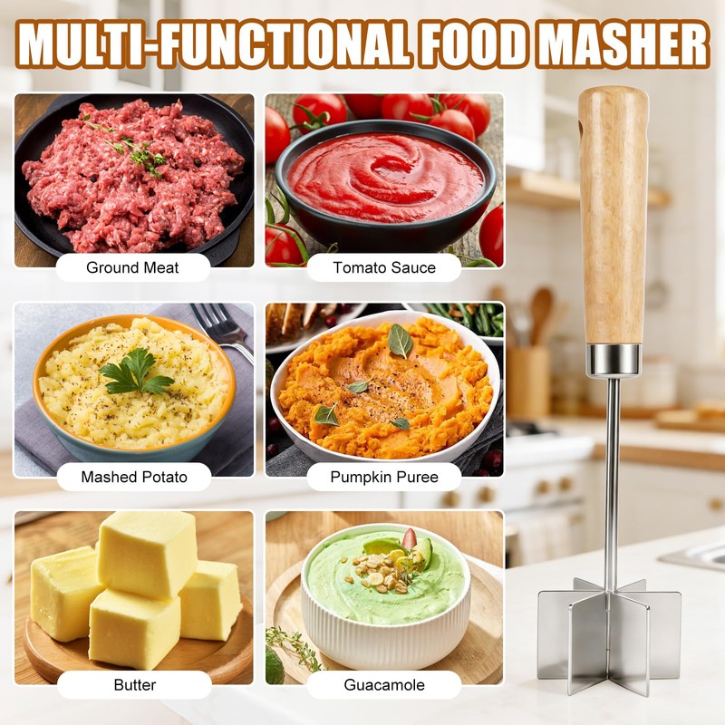 KOILLUXU 304 Stainless Steel Meat Chopper & Masher, 6-Blade Ground