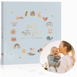 MeinBaby123® Baby Album Your First Year High-Quality Gold-Plated with 136 Filling Pages, Gift for Birth, Baby Gifts, Baby Diary to Fill in for Milestones in the 1st Year (Blue)