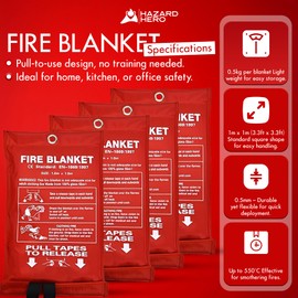 HAZARD HERO Fire Blanket 4 Pack, 1m x 1m Fiberglass Emergency Blanket with Heat Resistant Gloves & Hooks, for Use in Kitchen, Home, Car, Camping, Small Fire Safety Situations