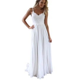 Women's V Neck Spaghetti Straps Beach Wedding Dresses for Bride, Long A-Line Chiffon Bridal Gown Lace Wedding Gowns Ivory