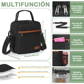 Lonchera para Hombre y Mujer Impermeable Antifugas Bolsa de Almuerzo Termoaislante Lonchera Termica con Correa Desmontable Ideal Trabajo, Escuela, Viajes,Negro