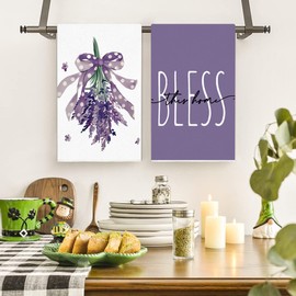 Spring Lavender Flowers Kitchen Towels Dish Towels, 16x24 inch Bless Purple Lavender Floral Kitchen Towels Set of 3, Decorative Hand Towels for Spring Summer Kitchen Decoration