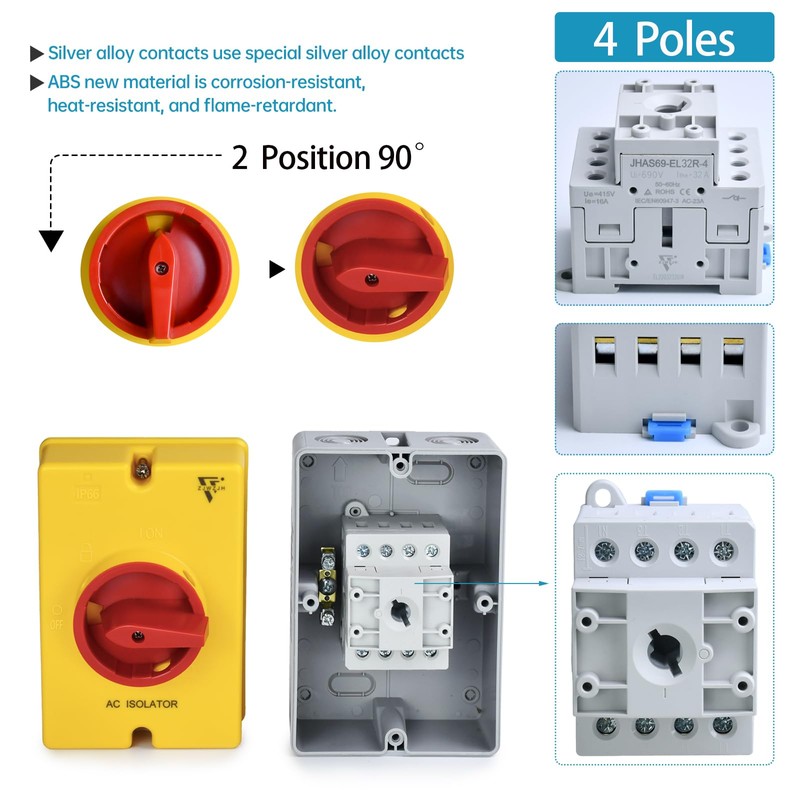 20 Disconnect Switch Box Outdoor, Isolator Switch, 4 Pole, IP66