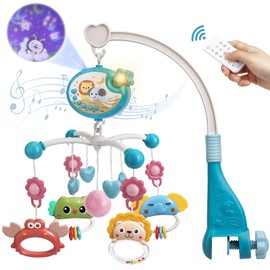 Mini Tudou Baby Mobile, Mobile Baby Bed with Timing Function and Star Projector, Remote Control Music Box with Music & Light, Animal Rattle Teether for Newborns, Gift Baby Toy for 0-24 Months