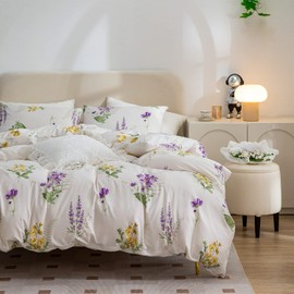 Floral King Duvet Cover, Microfiber 3 Pieces King Bedding Set Flowers, 1 Duvet Cover +2 Pillowcases, Purple Yellow Flower Pattern Duvet Cover, with Zipper Closure, Durable, Easy Care (NO Comforter)