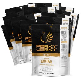 Perky Jerky Original Turkey Jerky, Low Sodium - 10g Protein per Serving - Low Fat - 100% U.S. Sourced - Tender Texture and Bold Flavor, 2.2 Ounce (Pack of 12)