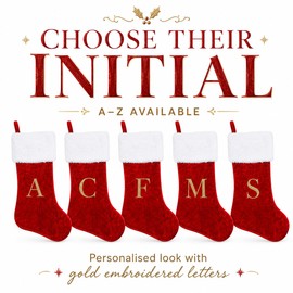 Letter M Red Christmas Stocking Embroidered Plush Xmas Stocking for Kids