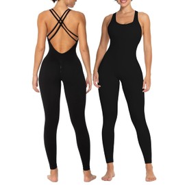 Sunzel Jumpsuits for Women Backless, Seamless Workout One Piece Bodysuits, Butt Scrunch Leggings Unitard 25" Black X-Small