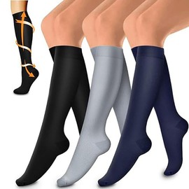 CHENGZI 3 piece Compression Socks For Women and Men Circulation Relief for Calf and Sole Fatigue (BLACK+WHITE+GREY, One size)